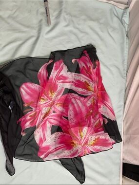 Women's Black Swim Sarong with Pink Floral Print